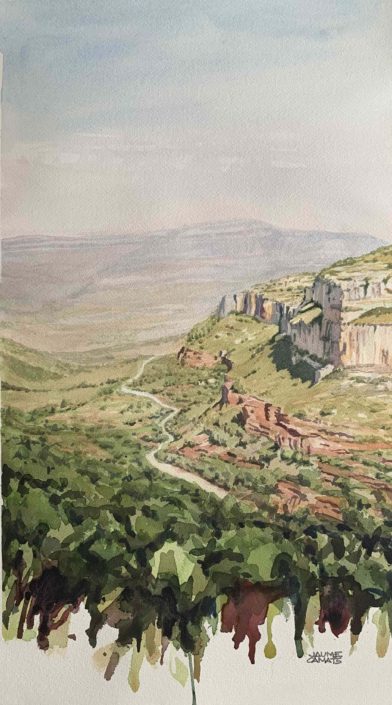 <strong>🔴</strong> Vista des de Siurana (52×30) Aquarel·la sobre paper (52x30). Propietat de Roc Estrada i María Gómez.